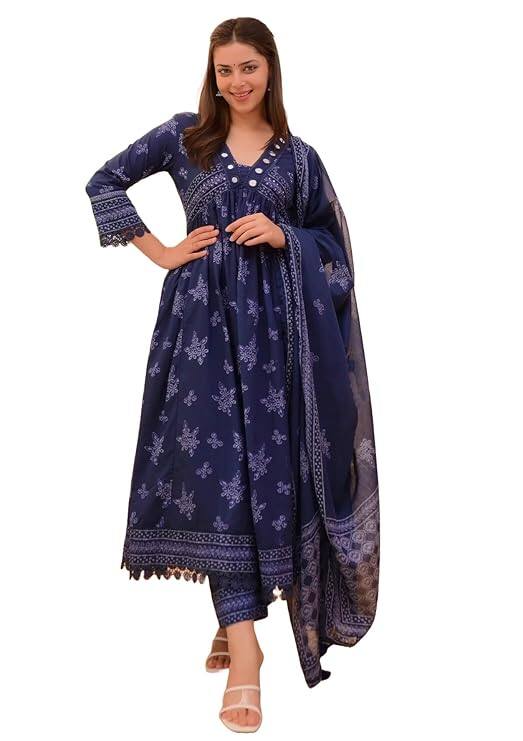 Nermosa Women Printed Anarkali Kurta &amp; Pant Set with Dupatta