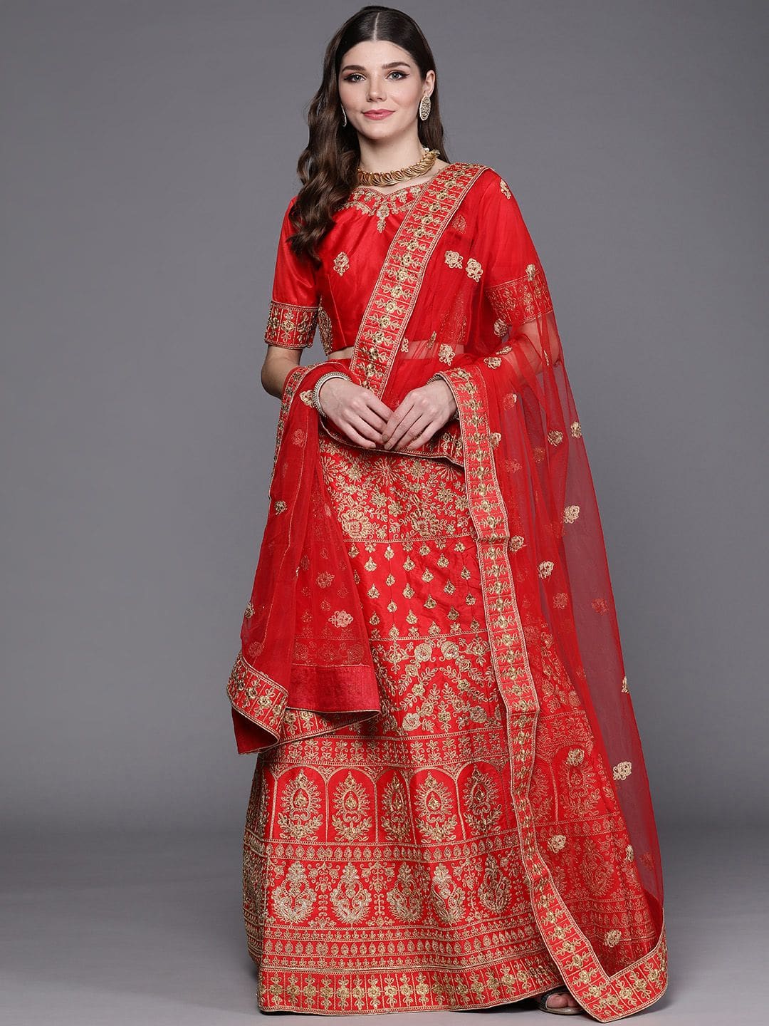 Mitera Red &amp; Golden Embroidered Lehenga
