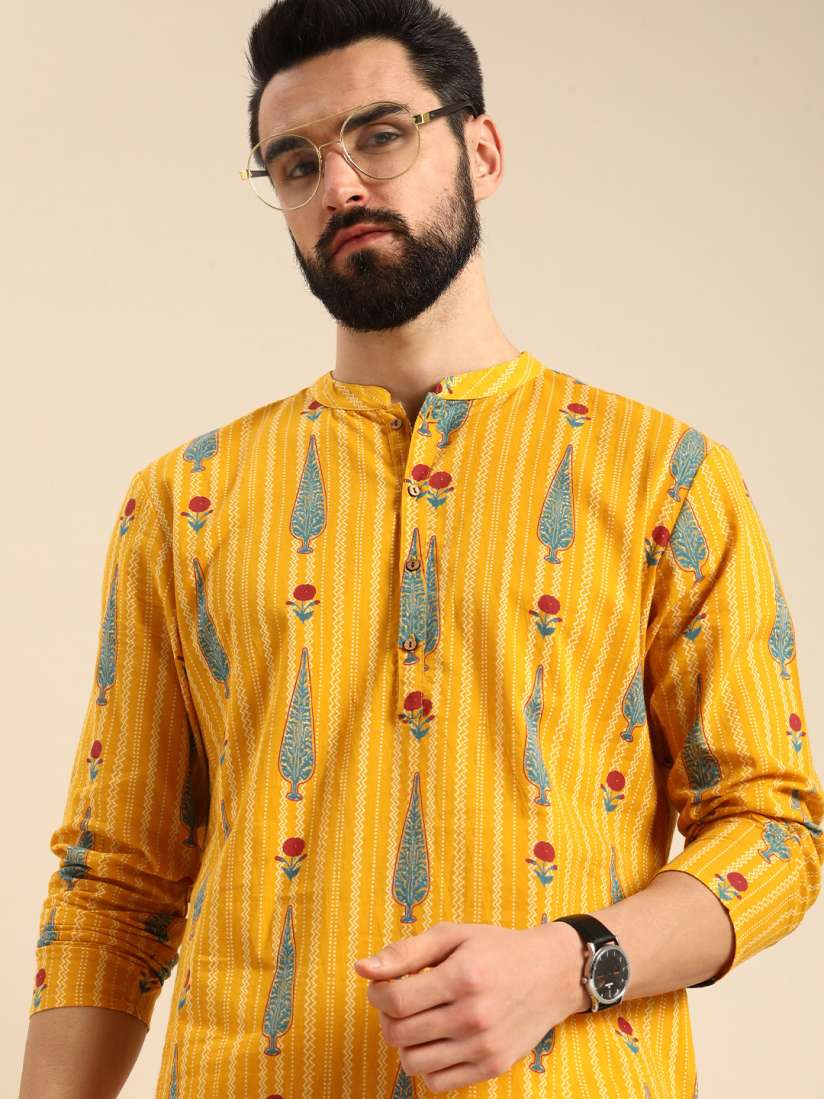 Anouk Men Mustard Yellow & Off-White Printed Pure Cotton Kurta with Trousers Anouk Men Mustard Yellow & Off-White Printed Pure Cotton Kurta with Trousers