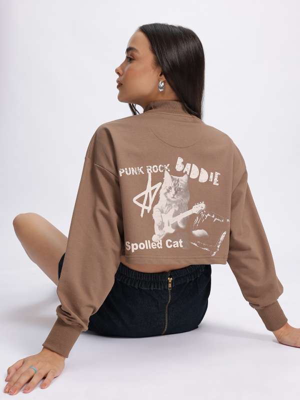 DressBerry Musical Cat Printed Drop-Shoulder Crop Sweatshirt DressBerry Musical Cat Printed Drop-Shoulder Crop Sweatshirt