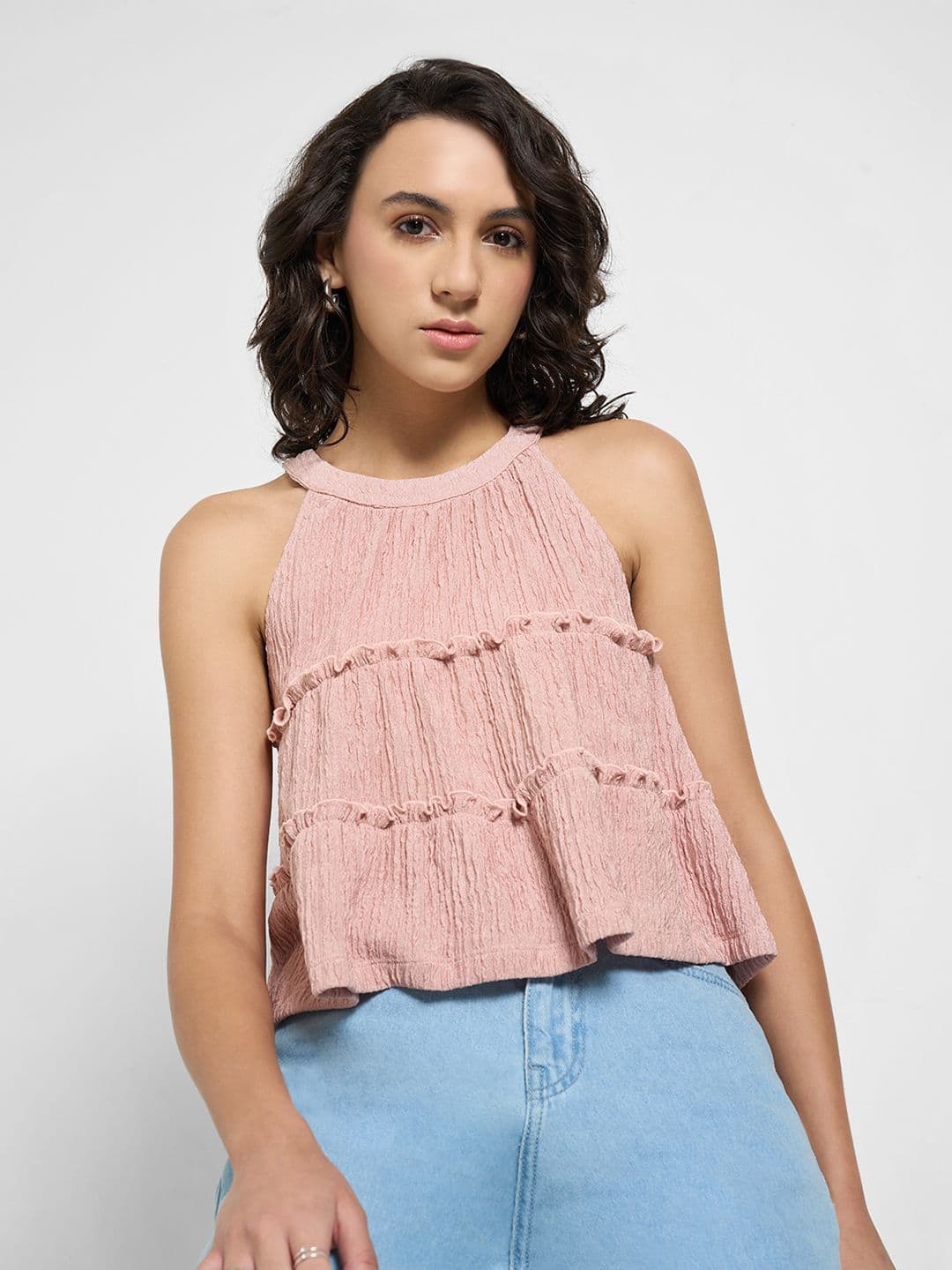  People Peach Textured Loose Fit Top