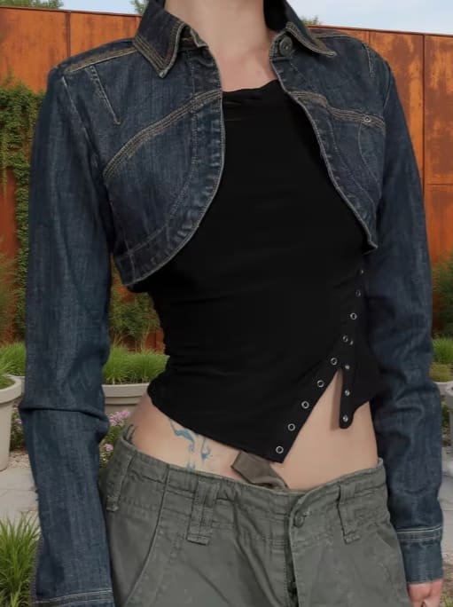 Dark Blue Lapel Arc Hem Denim Jacket