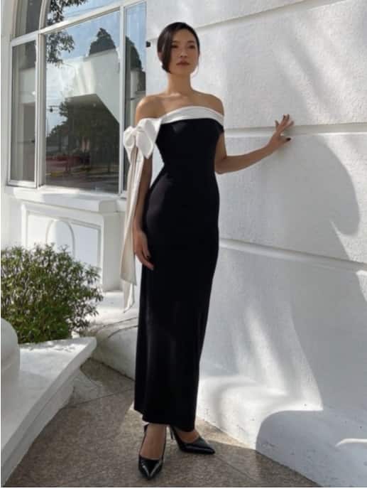 Color Block Big Bow One Shoulder Long Dress