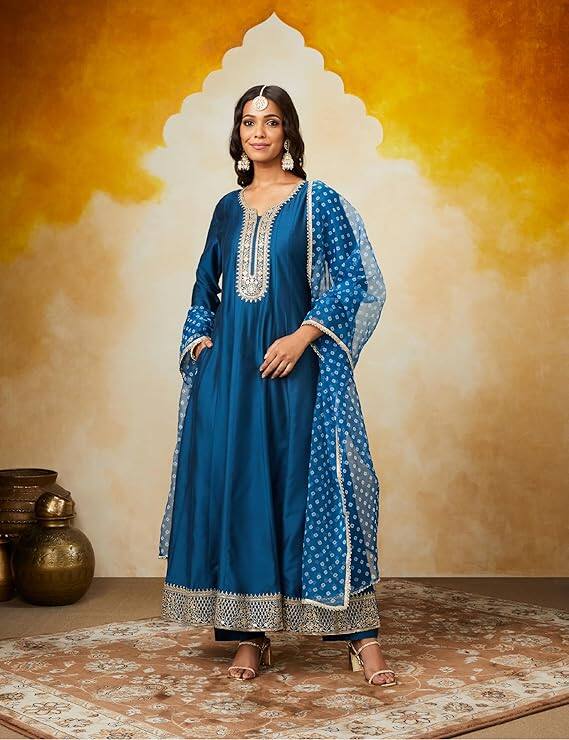 Myx Women's Embroidered Anarkali Kurta Pant Set With Organza Dupatta Myx Women's Embroidered Anarkali Kurta Pant Set With Organza Dupatta