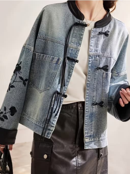 Printed Slim Fit Lightweight Faux Denim Jacket