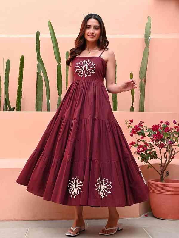 Bunaai Women Brown Embroidered Cotton Ethnic Dress