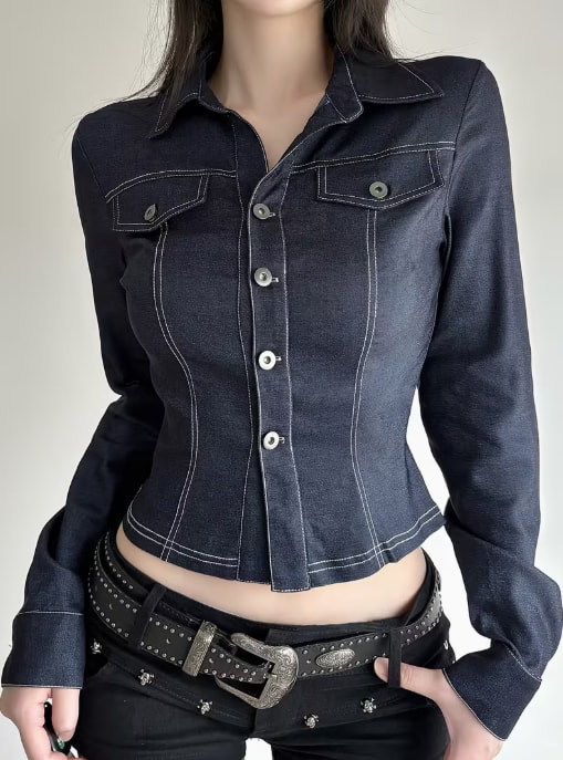 Vintage Classic Dark Blue Cargo Denim Jacket