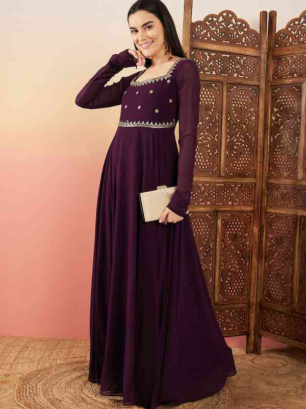 Sangria Floral Zari &amp; Sequinned Embroidered A-Line Ethnic Dress