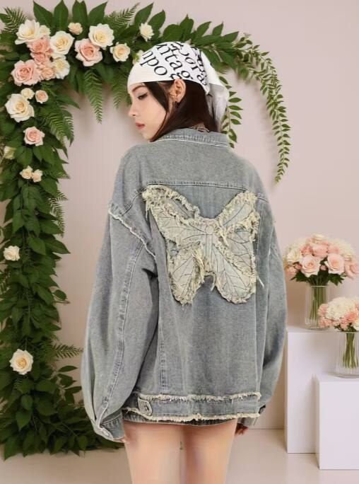 Butterfly Patchwork Loose Fit Denim Jacket