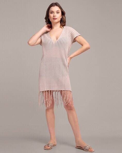 DressBerry Coachella Core Plunge Neck Self-Striped Fringed Mini Sheath Dress DressBerry Coachella Core Plunge Neck Self-Striped Fringed Mini Sheath Dress
