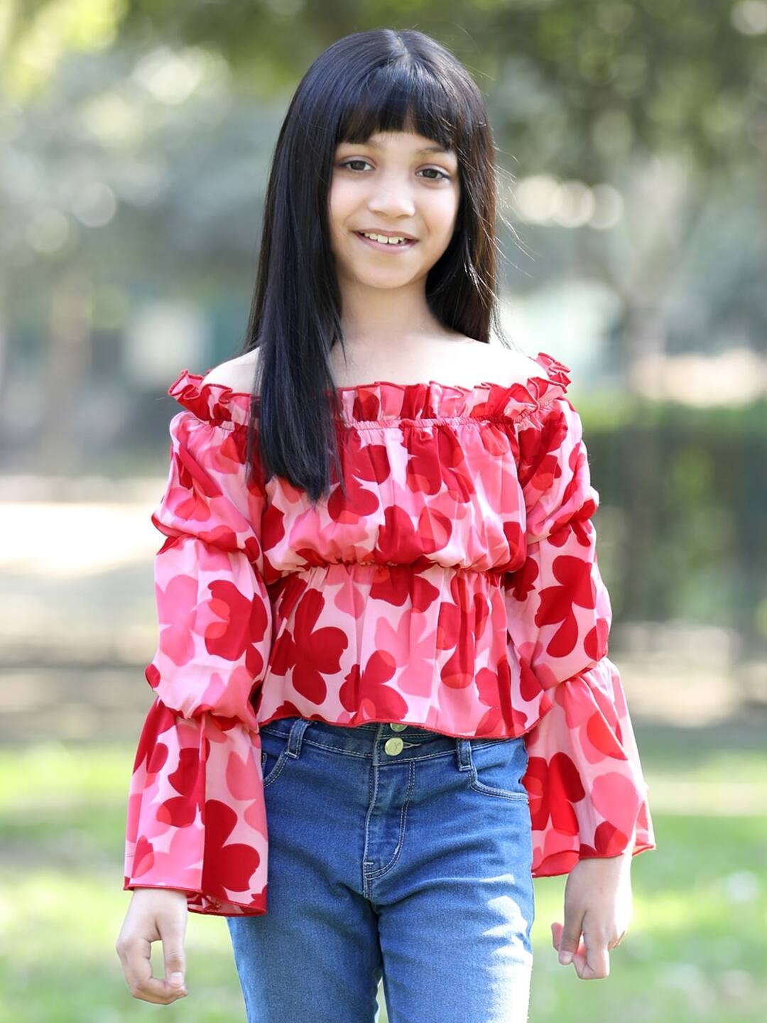 Cutiekins Girls Floral Printed Off-Shoulder Long Sleeves Top Cutiekins Girls Floral Printed Off-Shoulder Long Sleeves Top