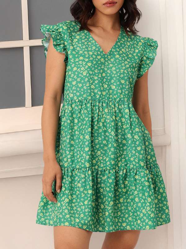 DressBerry Floral Printed Flutter Sleeve Gathered Tiered A-Line Mini Dress DressBerry Floral Printed Flutter Sleeve Gathered Tiered A-Line Mini Dress