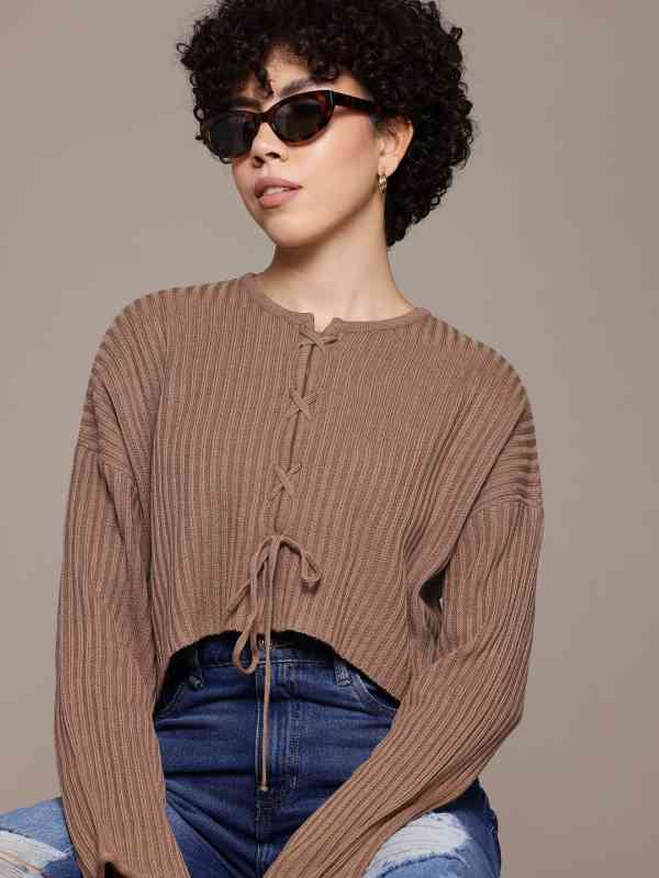 Roadster Pure Acrylic Ribbed Lace-Up Closure Crop Cardigan