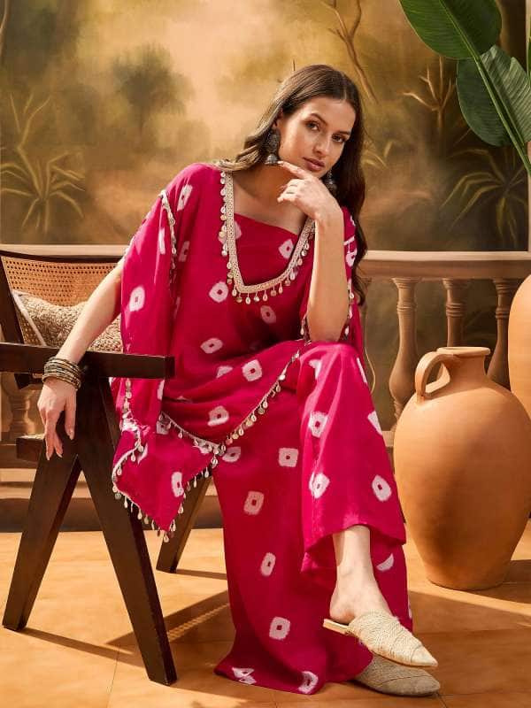 Sangria Bandhej Kaftan &amp; Tube Top With Sharara
