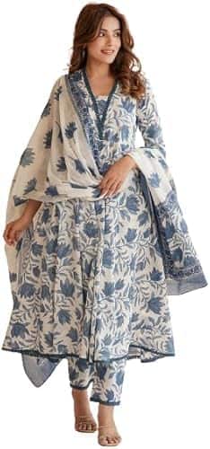 PARTHVI Women's Printed Anarkali Kurta With Palazzo & Dupatta Set PARTHVI Women's Printed Anarkali Kurta With Palazzo & Dupatta Set