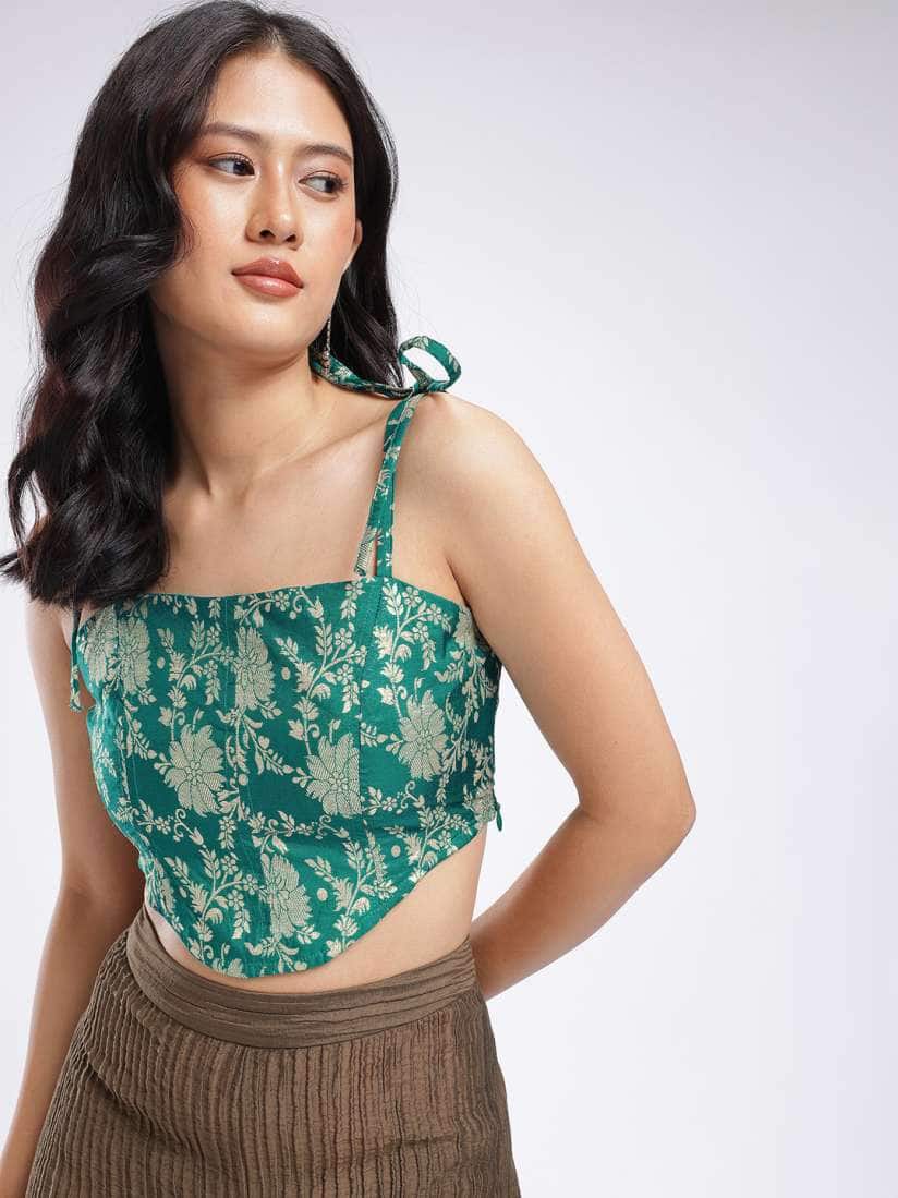 Glitchez Floral Woven Design Shoulder Tie-Ups Corset Detail Fusion Crop Top