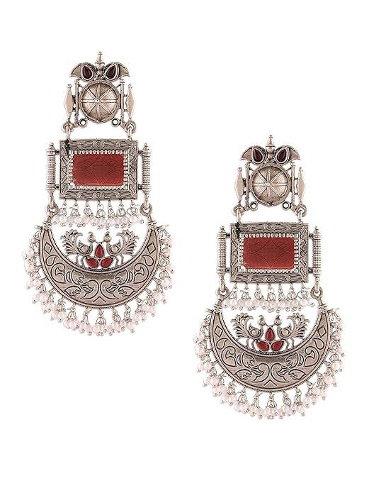 Zaveri Pearls Maroon & Silver Oxidised Stone Dangle Earrings Zaveri Pearls Maroon & Silver Oxidised Stone Dangle Earrings