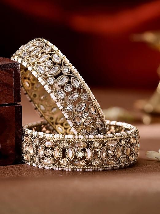Rubans Gold Plated Kundan & Pearl Beaded Bangles Set Rubans Gold Plated Kundan & Pearl Beaded Bangles Set
