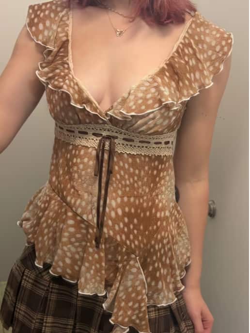 Vintage V Neck Animal Print Lace Patchwork Tie Up Top
