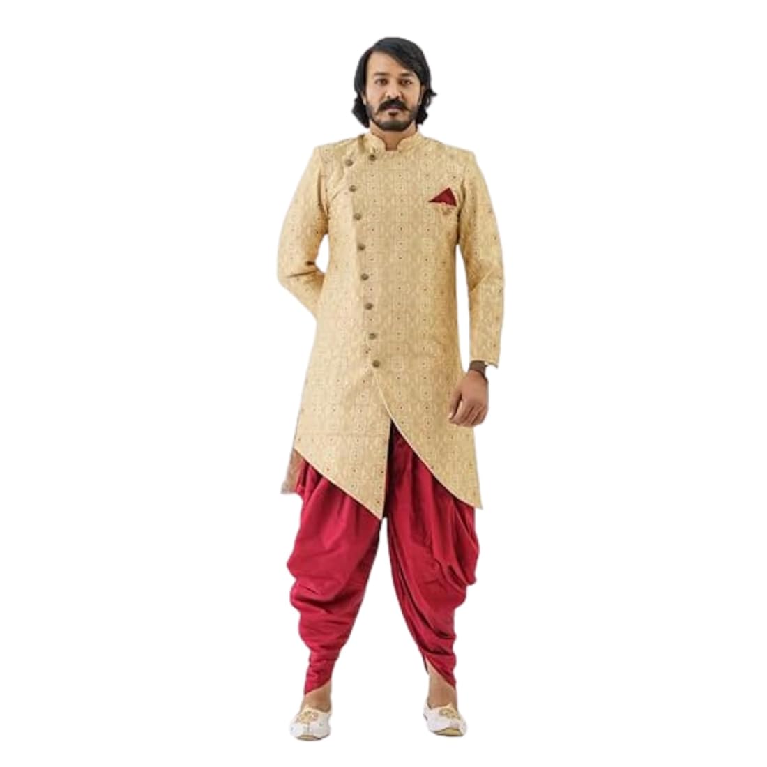 Ethzy Cream & Red Jacquard Sherwani Set Ethzy Cream & Red Jacquard Sherwani Set