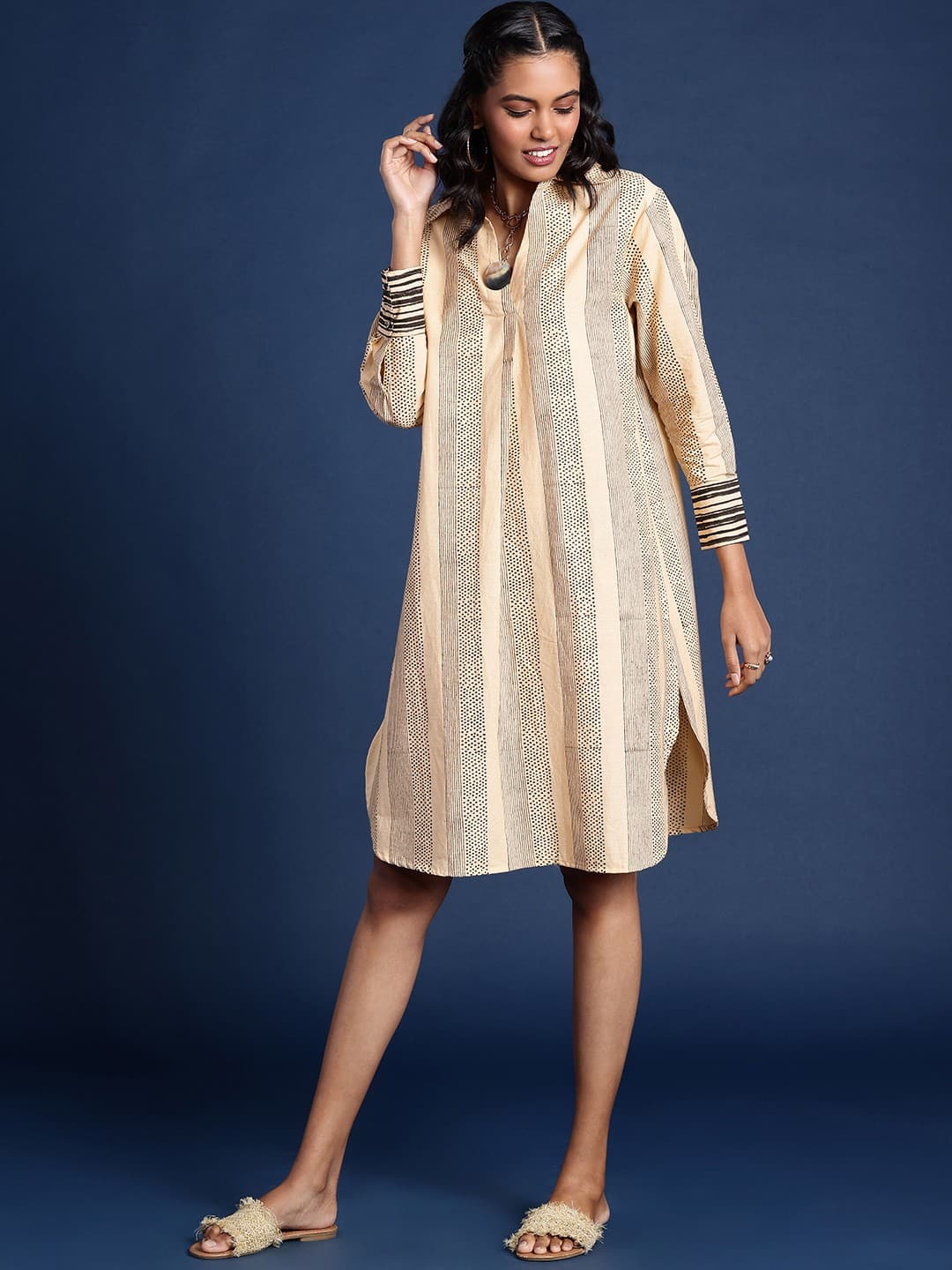 Taavi Pure Cotton Geometric Printed Above Knee A-Line Bagru Ethnic Dress