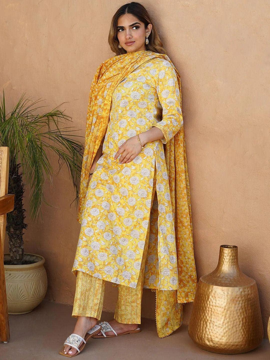 Libas Floral Printed V-Neck Straight Kurta with Palazzos &amp; Dupatta