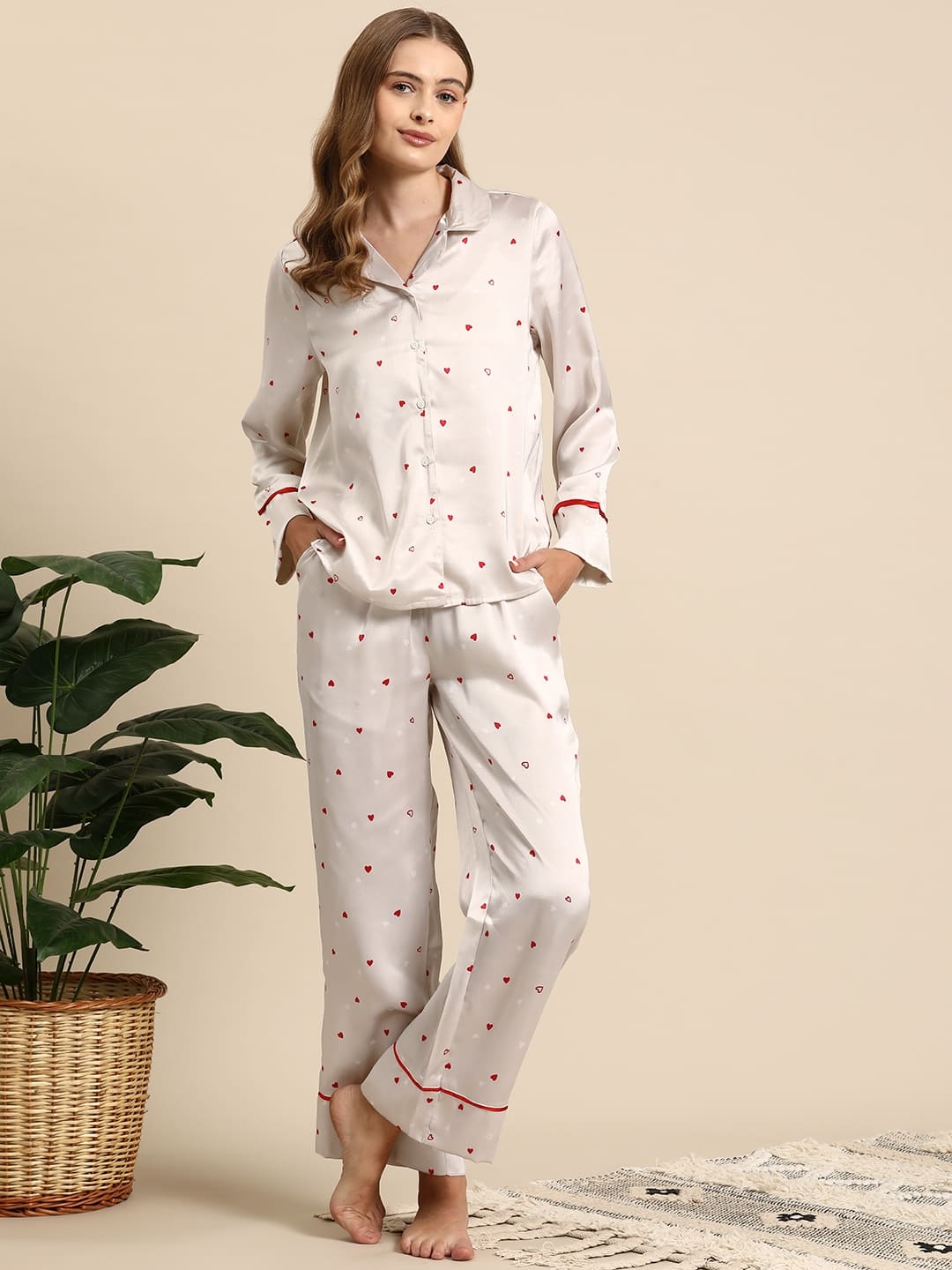 Mast & Harbour Women Conversational Printed Satin Night Suit Mast & Harbour Women Conversational Printed Satin Night Suit