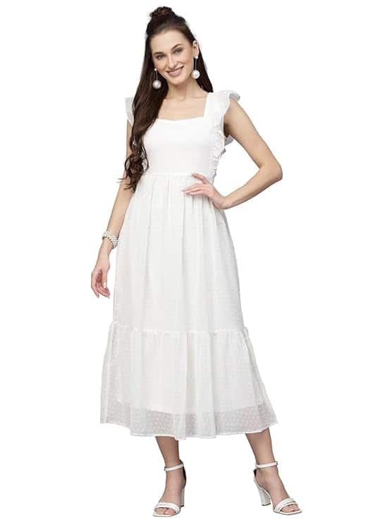 Sugathari Georgette Jacquard Butti Knee-Length Dress