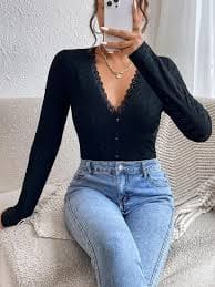 Stylecast X Slyck Self Design V-Neck Long Sleeves Fitted Top