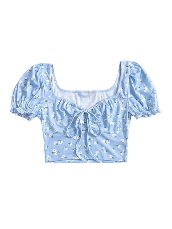 Aahwan Cotton Puff Sleeve Tie Front Floral Top