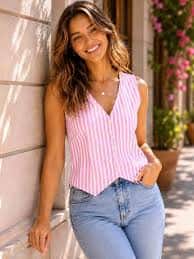 Ethenora Striped Cotton Blend Top