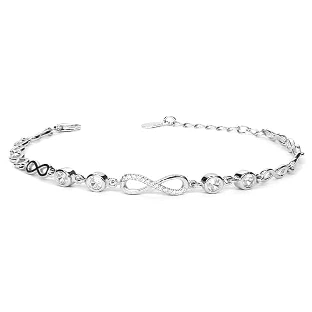 ZAVYA 925 Sterling Silver CZ Infinity Rhodium Plated Adjustable Bracelet 