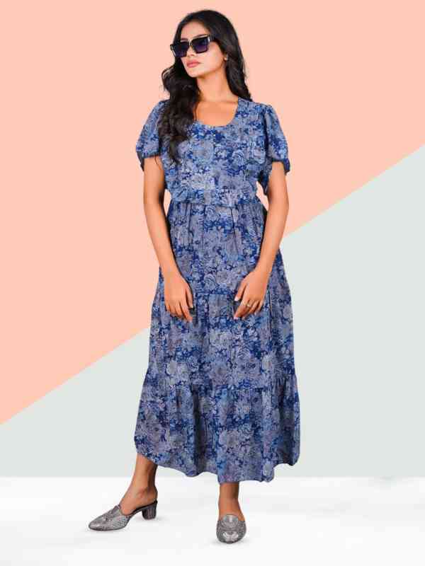 DressBerry Women Floral Printed Puff Sleeve Fringed Georgette Maxi Dress