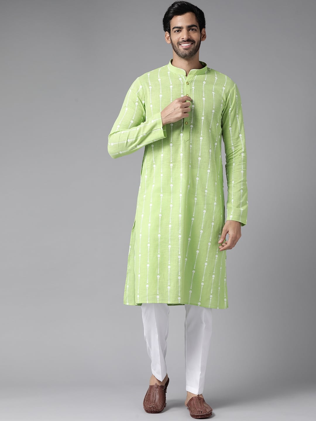 See Designs Men Lime Green &amp; White Pure Cotton Printed Kurta with Pyjamas