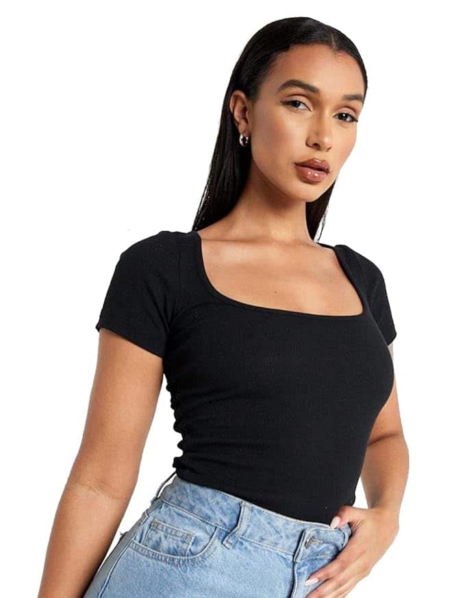 Short Sleeves Square Neck Rib Top