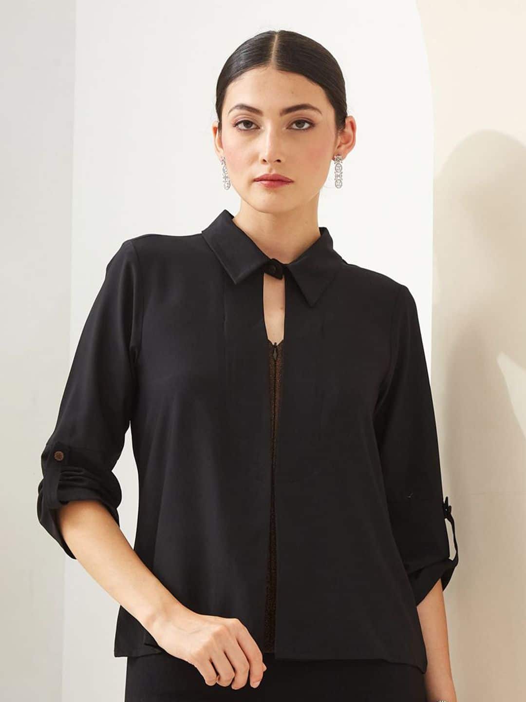 Latin Quarters Black Solid Shirt Collar Straight Fit Shirt