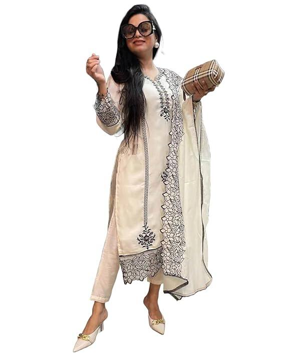GoSriKi Women's Rayon Blend Straight Embroidered Kurta with Pant & Dupatta GoSriKi Women's Rayon Blend Straight Embroidered Kurta with Pant & Dupatta