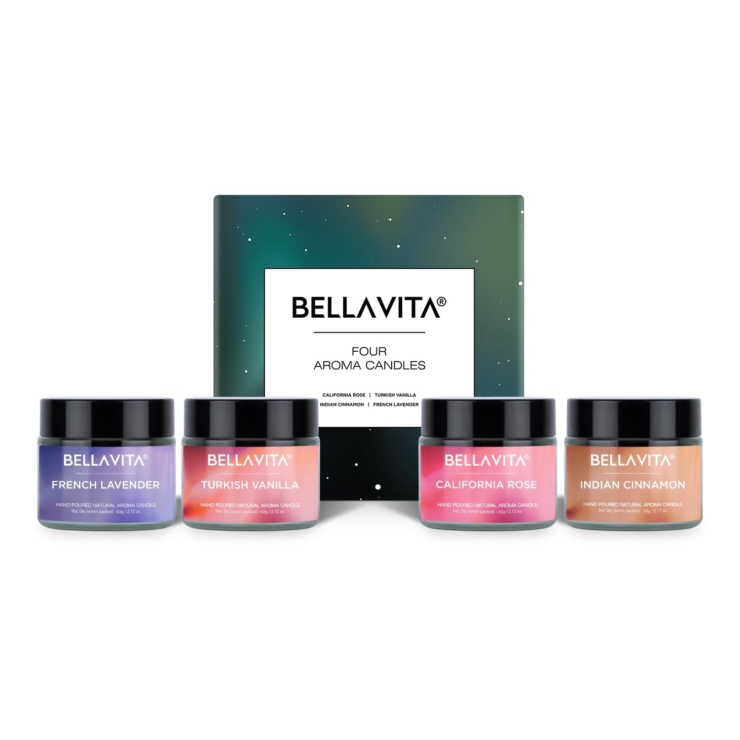 Bella Vita Organic Aroma Candles Set of 4 Scented Aromatic Fragrance of Vanilla, Cinnamon, Lavender &amp; Rose for Gifting &amp; Home, 60 Gms Each,Up to 15 Hours Burn Time