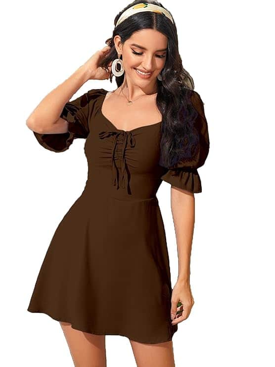 Aahwan Drawstring Flared Mini Dress (Brown)