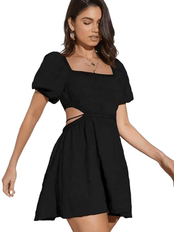 Aahwan Solid Square Neck Puff Sleeve Cut-Out Mini Dress
