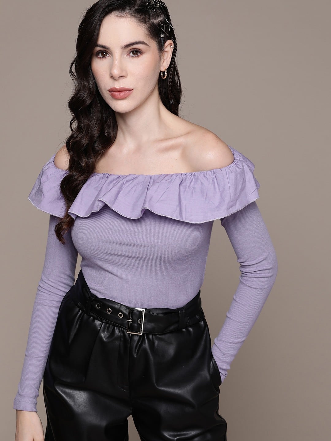 Roadster Ribbed Off-Shoulder Ruffles Bardot Top