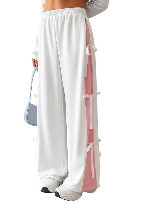 Bow-Tie Wide-Leg Sweatpants in Contrast Panel