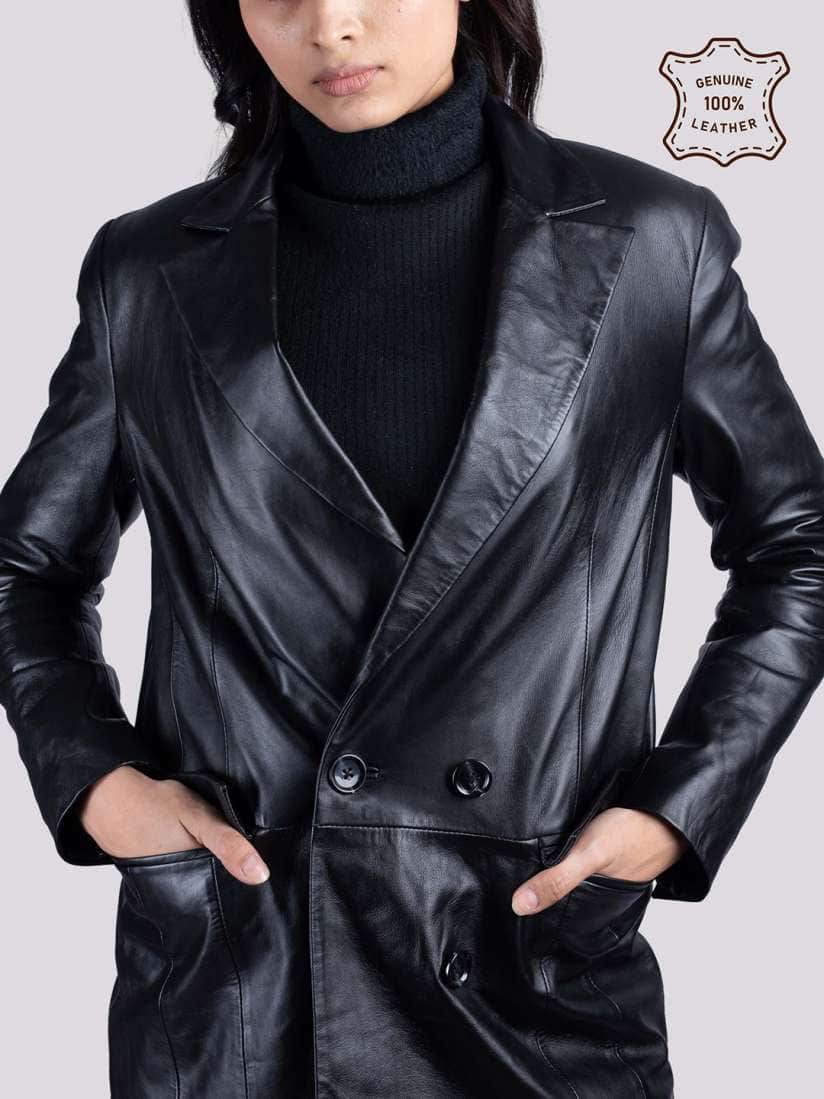 Hue &amp; Hide Double‑Breasted Leather Blazer