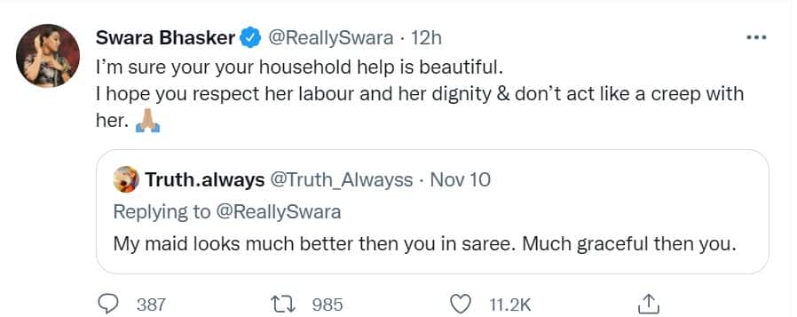 Swara Bhasker Gives Epic Reply To Twitter Troll Who Compared Her To A Maid People News Zee News