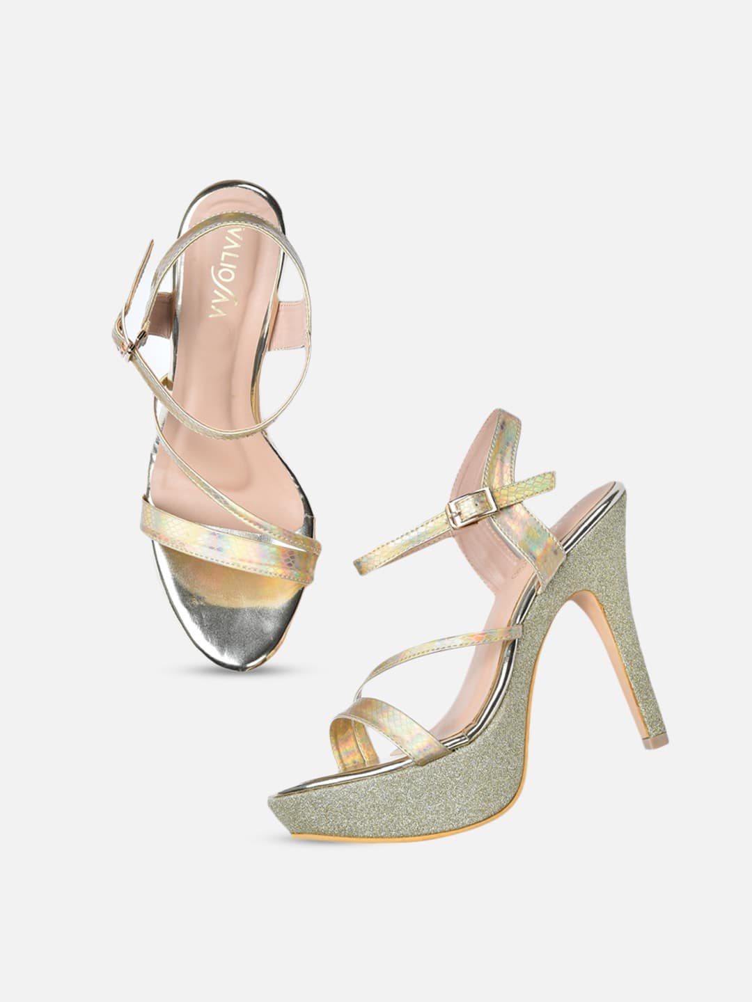 VALIOSAA Gold-Toned Embellished Party Platform Sandals with Buckles
