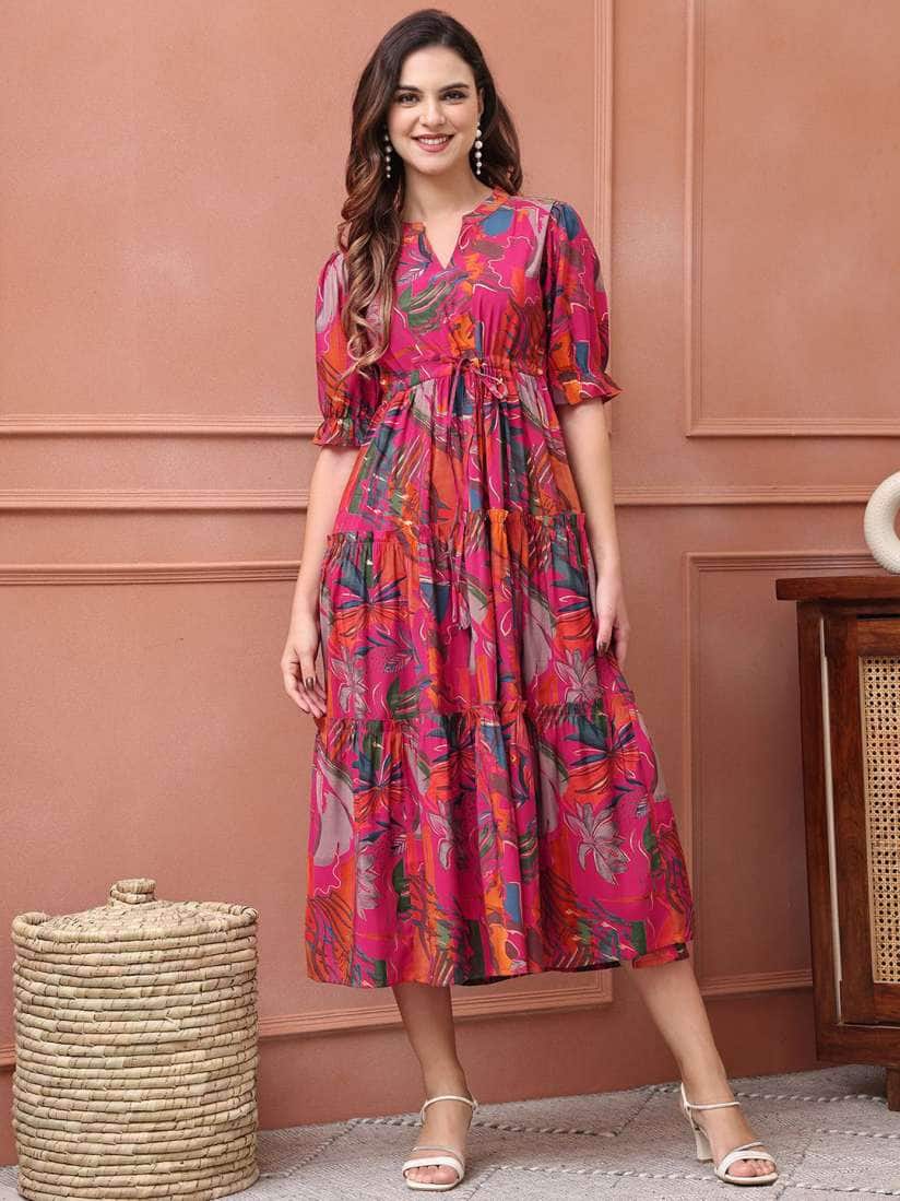 Claura Women Floral Printed Fit & Flare Midi Dress Claura Women Floral Printed Fit & Flare Midi Dress