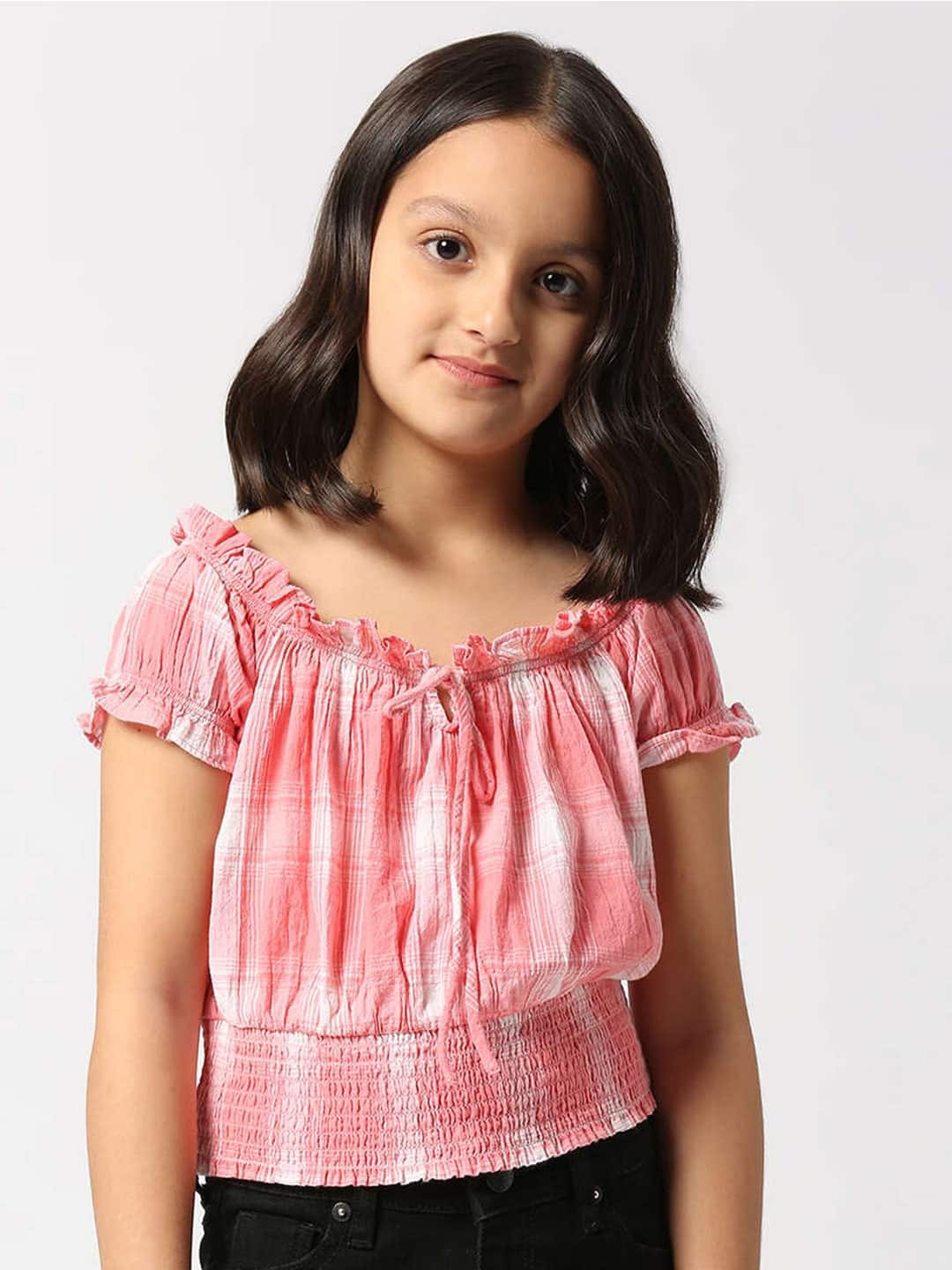 Pepe Jeans Girls Checked Off-Shoulder Smocked Cotton Blouson Top Pepe Jeans Girls Checked Off-Shoulder Smocked Cotton Blouson Top