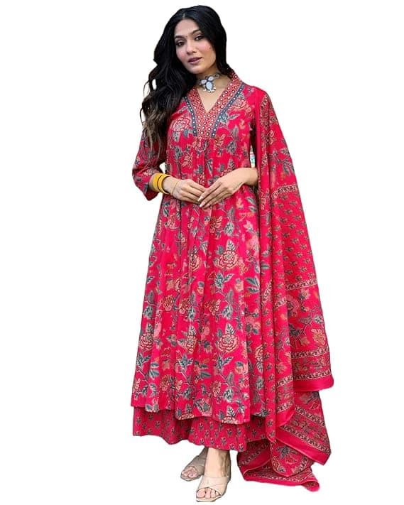 GoSriKi Women's Rayon Viscose Anarkali Printed Kurta with Palazzo & Dupatta GoSriKi Women's Rayon Viscose Anarkali Printed Kurta with Palazzo & Dupatta