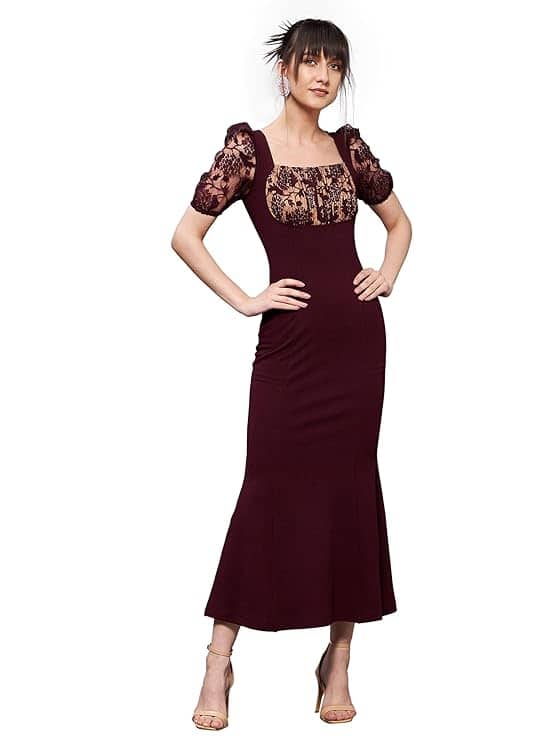 Miss Chase Women's Square Neck Puff Sleeve Solid Lace Overlaid Ankle Length Dress