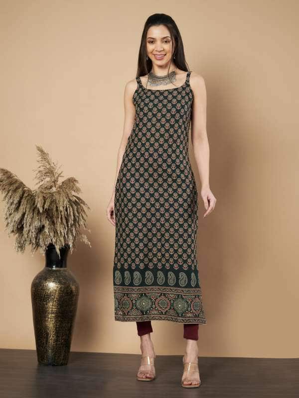 Vbuyz Floral Printed Shoulder Straps Boat Neck Cotton Straight Kurta Vbuyz Floral Printed Shoulder Straps Boat Neck Cotton Straight Kurta